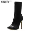 Stiefel Eilyken 2023 Neue Stretch Stoff Kurze Stiefeletten Frauen Spitz High Heels Slip Auf Sexy Socke Zapatillas Mujer T230713