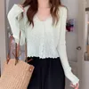 Malha Feminina Fina Cardigan Sólido Verão Manga Longa Top Xale Babado Camisa Curta Moda Coreana Gelo Seda Protetor Solar Roupas Para Mulheres Tops