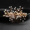 Headpieces Wholesale Fashion Wedding Party Jewelry Rhinestone Pearl and Crystal Gold Hair Comb för brudtillbehör