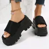 Slippers Summer Brand Women Single Band Platform Sandaler Black Nylon Chunky Platform Wedges Slipper Sandaler 230713