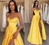 Arabski aso ebi żółty liniowe sukienki wieczorne dla kobiet seksowne wysokie dzielone paski spaghetti satynowe szoski imprezowe cekiny z koralikami długa sukienka MAXI CL2626