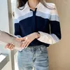 Blusas Femininas Moda Blusa Chiffon Manga Comprida Escritório Senhora Elegante Blusas Listradas Patchwork Camisa Casual Gola Virada para Baixo Tops Roupas