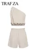 Kvinnors tvåbitar byxor Trafza Kvinnokläder Casual Short 2 Set Solid One Shoulder Croped Slim Sexy Topps + Elastic Midjes Shorts Suit Spring Summer J230713