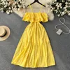 Casual Dresses Blue Yellow Fashion High Street Midi Long Dress Women Hollow Out Sexy Strapless Backless Beach Vacation Robe SR752