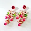 Stud Wholesale Romantic Cubic Zircon and Green-Red color Stone Geometric Fan-shaped Long Dangle Earrings Rose Gold Plated Jewelry 230712