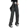 Jeans da donna Pantaloni neri retrò High Street Donna Checkboard Plaid Vita Mamma Pantaloni lunghi larghi a gamba dritta