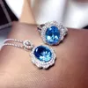 Necklace Earrings Set Yanleyu Luxury Bridal Engagement Party Created Sapphire Open Size Ring&Pendant For Women PS012