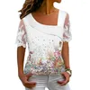 Damesblouses Zomer Kleurrijk Bloemenprint T-shirt Schuine kraag Kantstiksel Korte mouw Loose Fit Pullover Tops Streetwear