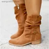 Boots 2021 Winter Warm Suede Women Boots Vintage Zipper Shoes Buckle Lady Mid-Calf Boot Outdoor Thick Low Heel Female Pointed Booties T230713