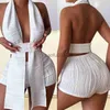 Womens Two Piece Pants Dome Cameras Echoine New Design Halter Irregular Sleeveless Tank Top Texture Fold Backless Outfits Shorts Two Piece Set Party Club J230713