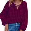 Women's Blouses Women Casual 2023 Blouse Plaid Print Lace Up Long Sleeve Tops Oversize T Shirt Loose Ladies Spring Autumn T-shirts Blusas