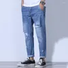 Men's Jeans Nine-point Ripped Denim Ruined Elasticity Loose Thin Harlan 6FQI