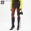 Laarzen GOGD Vrouw Nieuwe Mode Sexy Pure Kleur Puntschoen Stiletto Hakken Vintage Metalen Gesp Rits Knie Hoge Laarzen Slanke kwastje Schoenen T230713