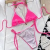 Women's Swimwear 2Pcs Women Glitter Triangle Wrapped Halter Bikini Set Low-rise Padded Bra Side Tie Thong Beachwear