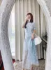 New S-elf - Portrait Mist Blue 3D Flower Bow Tie Up Dress Long Dress Organza Hollow Embroidery