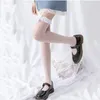 Calcetines de mujer, medias transparentes sexis, lazo de encaje en la parte superior del muslo, medias altas por encima de la rodilla, discotecas largas, calcetines blancos y negros, lencería