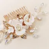 Copricapo Colore oro Accessori per capelli da sposa da sposa Pettine di fiori in ceramica Strass Copricapo da sposa Gioielli Regalo da damigella d'onore