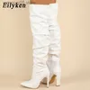 Boots Eilyken Pleated Thigh High Boots Fashion Pointed Toe Zip Female Stiletto Square Heels Design White Black Brown Women's Shoes T230713