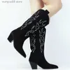 Boots Embroidered Western Boots For Women Cowboy Cowgirls Fashion Chunmy Heel Slip On Desiger Brand Shoes Black Pointed Toe Boots T230713