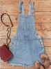 Femmes ourlet effiloché sangle réglable Denim robe globale classique décontracté Mini Jean robes poche sans manches jarretelle jupe courte