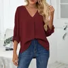 Blusas Femininas Camisa Longa Feminina Algodão Elastano Manga Chiffon Blusa Decote em V Frente Plissada Tops Curtos Para Casual