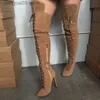 Boots New Women Crossed tied Over The Knee Boots Pointed Toe Gladiator Lace up Thigh High Boots Side Zip Stiletto Heels Long Boots T230713