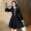 Casual Dresses Autumn Spring Women Vintage Lång ärm V Neck spetsar Patchwrok Corduroy Dress Elegant Female Single Breasted