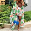 Kvinnors tvådelade byxor CM.Yaya-kedja Leaf Printed Women's Set Open Stitch Cover-ups + Shorts Suit 2023 Beach Holiday Two 2 Piece Set Outfit Tracksuit J230713