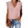 Kvinnor BLOUSES SHIRT V NECK SOLID FÄRG SLEEVE LOOK Lätt chiffong Double-Layer Patchwork Short Lady Summer Woman Top