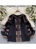 Women's Blouses Women Spring Blouse Korean Version Embroidered Ethnic Style Tassel Loose Tie Round Neck Bubble Sleeve Top D3522