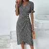 Cover-up Vintage Office Slim Boho Dresses Elegant Floral Print Puff Sleeve Party Dress Ladies Vneck Button Draped Irregular Aline Dress