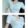 Women's TShirt VNeck basic T Shirt for Women Cotton Short Sleeve Folds Tshirts Summer Korean Woman Clothes Tee Femme Slim Crop Top Mujer 230712