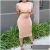 Tvådelad klänning Dam Set Vadderad O-hals Casual Linne Midi Pencil Kjol Enfärgad 2 Bodycon Klänningar Kostym 210521 Drop Delivery Ap Dhcbf