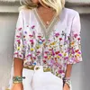 Women's Blouses Floral Print Top Hollow Out Lady Colorful Flower V Neck Three Quarter Sleeves A Stylish For Summer