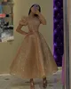 Sparkling Sequin Gold Princess Prom Dresses short sleeves Tea Length Robes De Soiree Arabic Dubai Evening Dress Puff Formal Party Ball Gowns