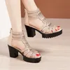 Sandalen Hoge Hakken Gladiator Vrouw Open Hoofd Sexy Zwarte Klinknagel Blok Hak Platform Schoenen Zomer Terug Zip Maat 3540 Vrouwen 230713