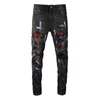 Jeans masculino envelhecido preto pintado streetwear elástico skinny strass buracos destruídos graffiti high street slim fit marca