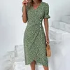 Cover-up Vintage Office Slim Boho Dresses Elegant Floral Print Puff Sleeve Party Dress Ladies Vneck Button Draped Irregular Aline Dress