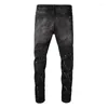 Jeans masculino envelhecido preto pintado streetwear elástico skinny strass buracos destruídos graffiti high street slim fit marca