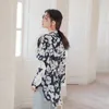 Women's stand collar lace patched batwing sleeve loose print flower blouse shirt SML