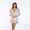 Casual Dresses Floral Dress Short Skirt Ruffled Hem Fairy Party Sexy Club Clothes V-Neck Long-Sleeved Women