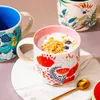 Kubki urocze ręcznie malowana ceramiczna filiżanka śniadaniowa 450 ml kwiaty wzór Milk owsiane kawy Kubki podkładki porcelanowy