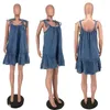 Robes décontractées Blue Denim Lace-up Loose A-line Mini Dress Pour Femmes Élégant Sans Manches Dos Nu Poche Ruché Birthady Night Club