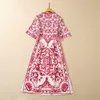 European and American women's dress 2023 summer new style Round neck Five-quarter sleeve red court print Pressed diamond dress
