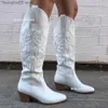 Botas Brancas Botas de Cowboy Botas de Cowgirls Para Mulheres Bordadas Salto Empilhado Dedo Do Pé Pontudo Puxe Oeste Botas de Cano Alto Sapatos Mulher T230713