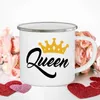 Mugs King Queen Print Couples Cups Creative Emamel Mug Outdoor Travel Camping Bonfire Coffee Water Cup Lover Mug Valentine's Day Gift R230713