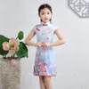 Summer Chinese Flower Print Silk Qipao Kids Baby Girls Traditionell Princess Dress Cheongsam Short Sleeve Retro Vintage Vestido236m