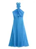 Robes décontractées bleu petite robe plissée femmes sous-vêtements longs pour 2023 été licou Midi Sexy dos nu soirée