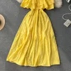 Casual Dresses Blue Yellow Fashion High Street Midi Long Dress Women Hollow Out Sexy Strapless Backless Beach Vacation Robe SR752