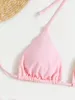 Abiti da lavoro Minigonna in garza di fiori Kawaii Pink 3 pezzi Set Bandage Reggiseno Crop Top Perizoma sexy Perizoma da donna Abiti da festival Costume da bagno da spiaggia